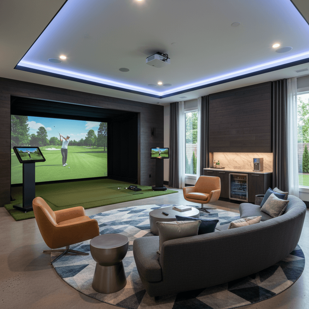 Finished game room with installed golf simulator ready to use