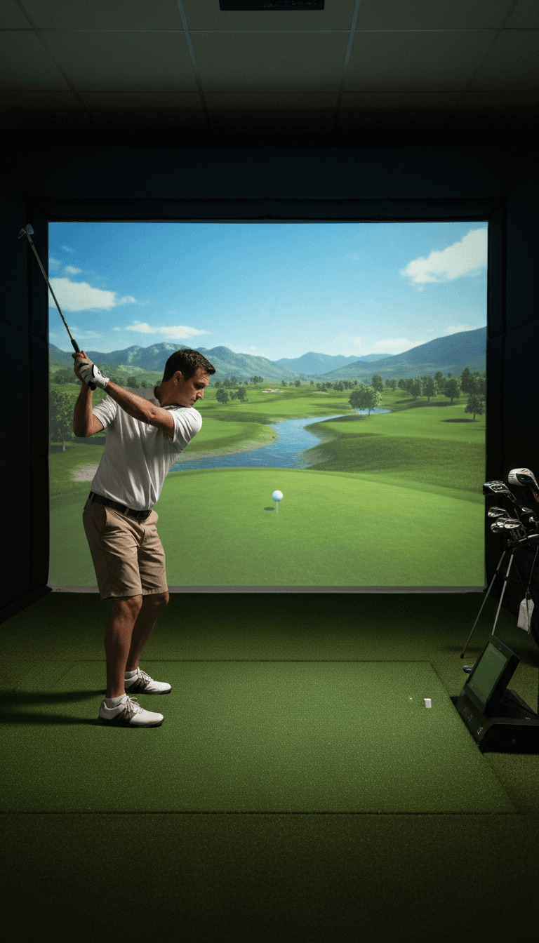 Close-up of golf simulator screen displaying realistic course play