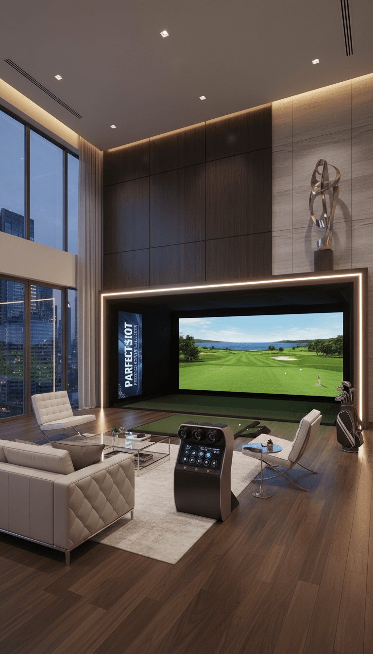 Premium golf simulator installation with curved screen and launch monitor