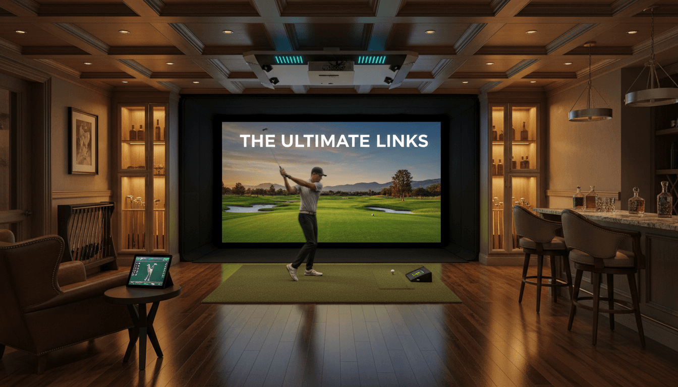 Modern luxury home golf simulator setup with professional equipment and ambient lighting