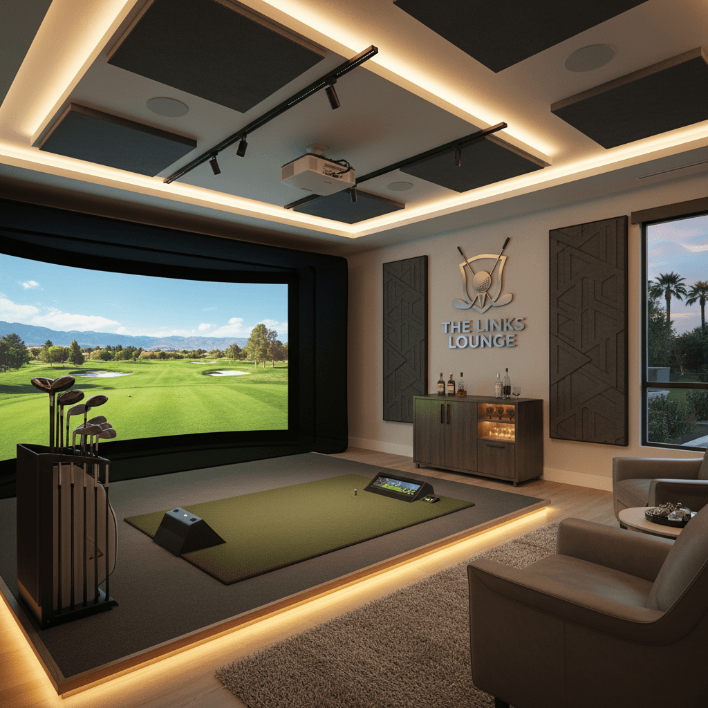 Premium golf simulator installed in luxury home game room