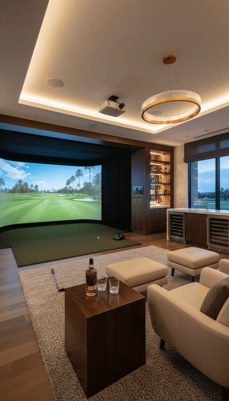 Complete golf simulator room with seating area and full installation
