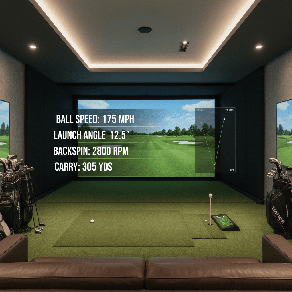 Advanced golf simulator display with detailed swing analytics