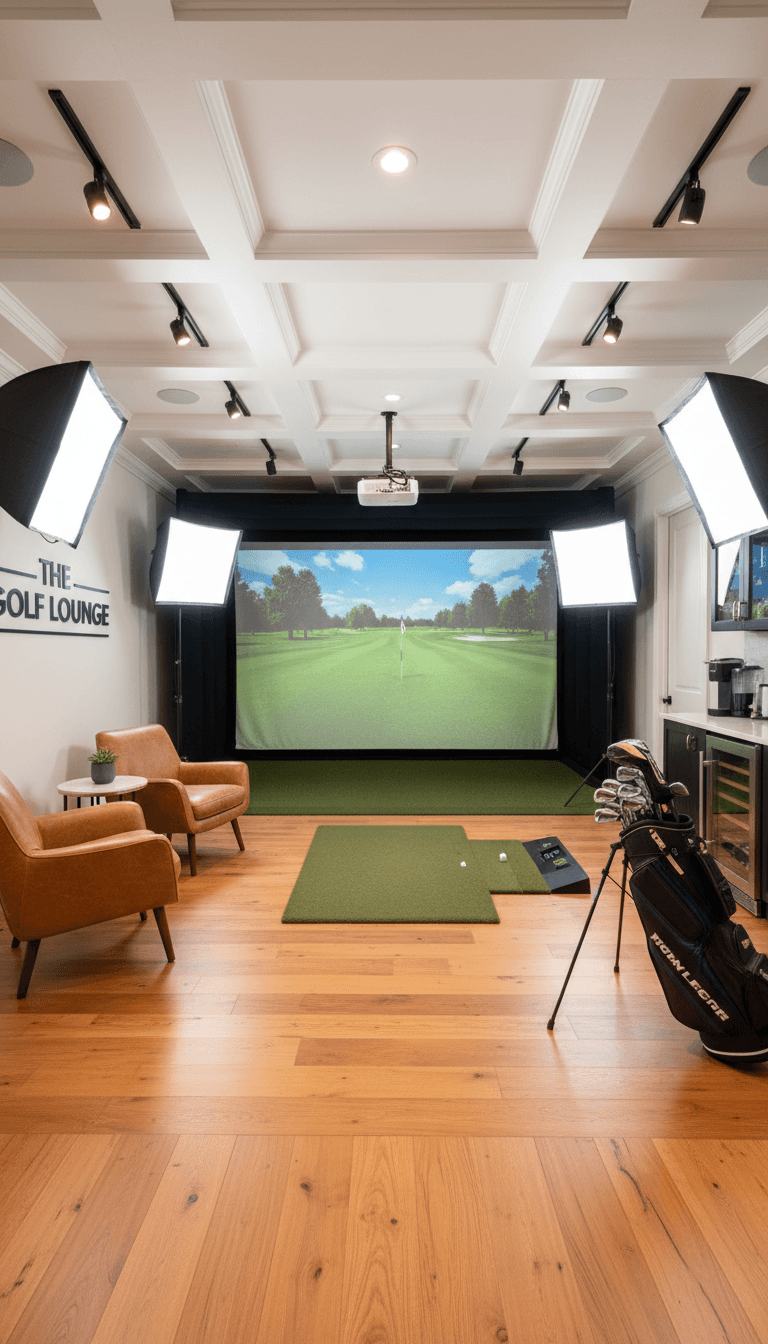 Finished golf simulator room with professional lighting and flooring