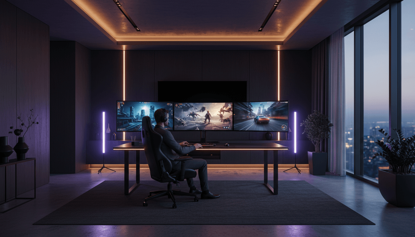 Modern luxury home golf simulator room with sleek design and professional equipment