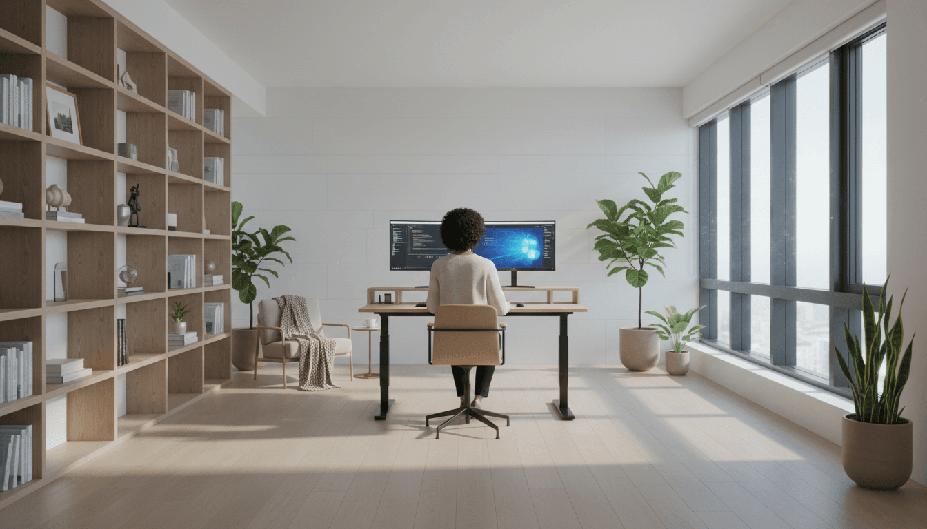 Golf simulator installation in modern home office space with natural light
